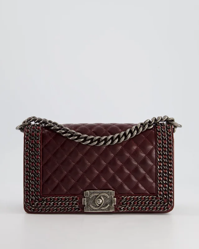 Women's chain bag fast-access collection -*HOT* Chanel Burgundy Medium Boy Bag in Shiny Aged Calfskin Leather with Ruthenium Hardware and Triple Chain Detail