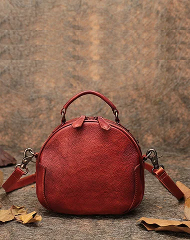 Women's shoulder bag soft lining -Womens Red Leather Round Handbag Purses Vintage Handmade Round Shoulder Bag Crossbody Handbag for Women