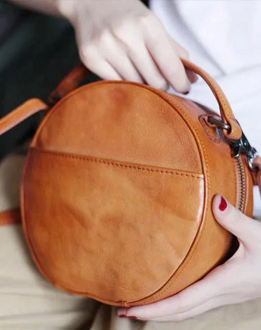 Women's shoulder bag size variety -Vintage Womens Brown leather Circle Handbag Shoulder Bag Black Round Leather Crossbody Bag Side Purse