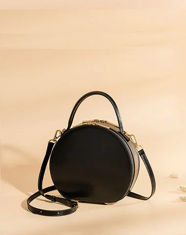 Women's handbags trendy-chic -Cute Womens Black Leather Round Handbag Crossbody Purses Round Black Shoulder Bag for Women