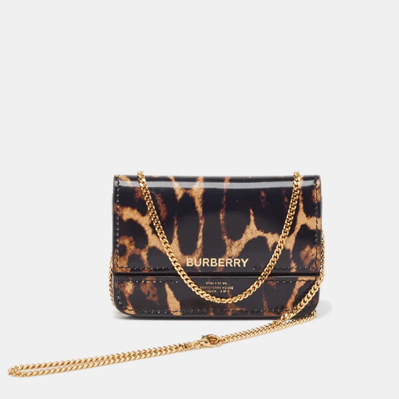 Women's chain bag pro ensemble -BURBERRY Black/Brown Leopard Print Leather Jody Chain Card Case