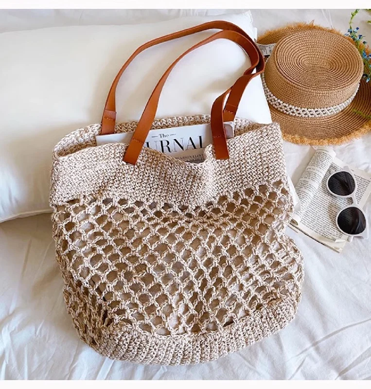 Women's shoulder bag seasonal sale -Elena Handbags Retro Fish Net Cotton Knitted Shoulder Bag with Leather Straps