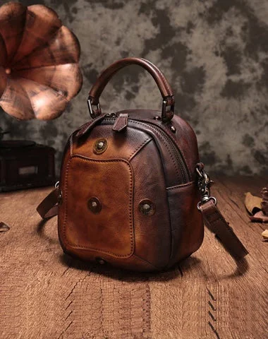 Women's shoulder bag compact style -Vintage Brown Geometric Womens Leather Round Brown Handbag Box Shoulder Bag Purse for Ladies