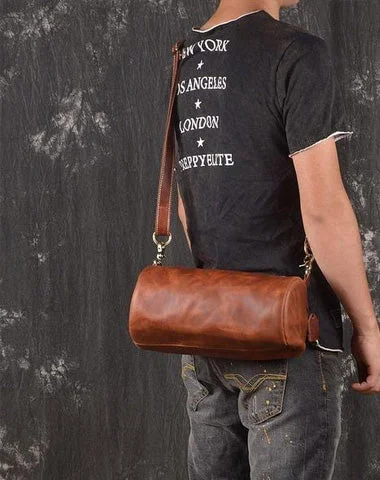 Women's shoulder bag everyday carry -Light Brown Leather Mens Barrel Shoulder Bag Side Bag Messenger Bag For Men