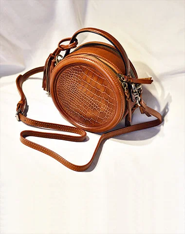 Women's shoulder bag stylish special -Womens Brown Leather Round Crossbody Bag Crocodile Pattern Vintage Round Handbag Shoulder Bag for Women