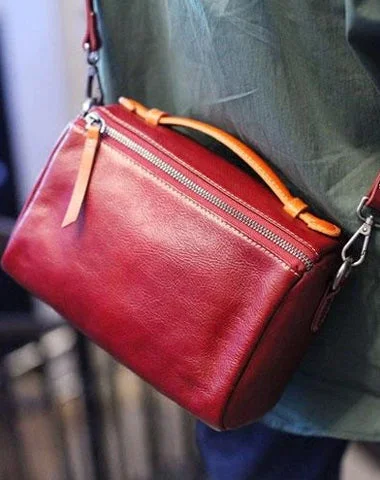 Women's shoulder bag pro kit -Vintage Womens Leather Red Satchel Handbag Shoulder Bag Leather Square Crossbody Bag Purse