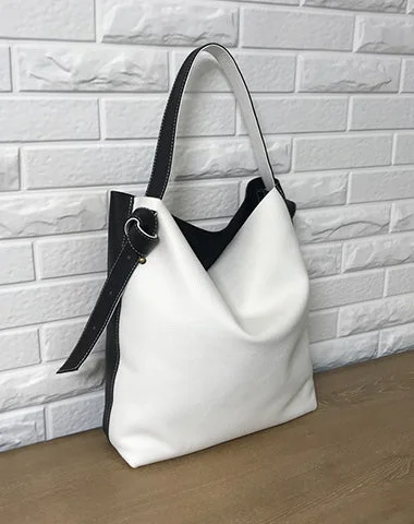 Women's shoulder bag street-ready -Stylish White Black Leather Tote Bag Shoulder Tote Bag Crossbody Tote Purse For Women