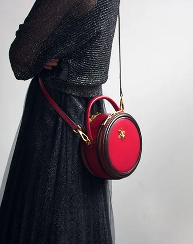 Women's handbags stylish -Womens Red Leather Small Round Handbag Crossbody Purse Round Shoulder Bag for Women