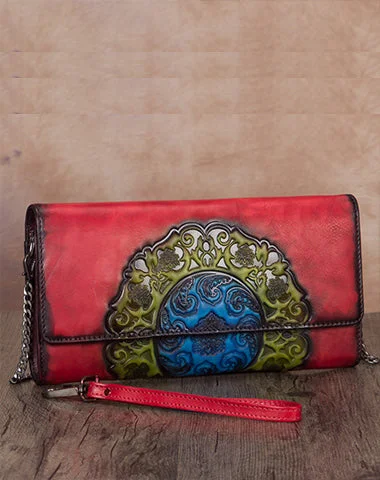 Women's shoulder bag fast-access style -Vintage Floral Red Leather Wristlet Wallet Womens Floral Shoulder Wallet Purse Zip Purse Chain Shoulder Bag for Women