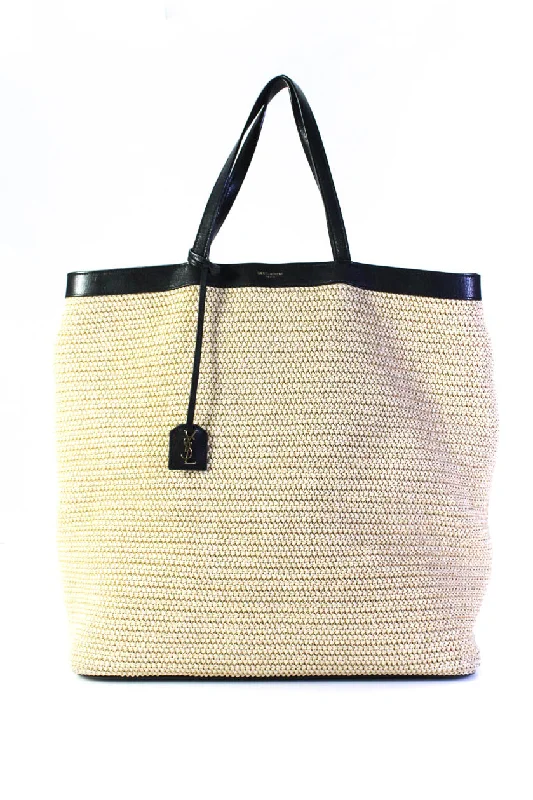 Women's tote bag plush interior -Saint Laurent Womens Womens Open Top Patti Large Raffia Tote Handbag Beige Black