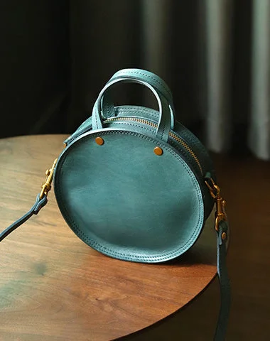 Women's shoulder bag unique piece -Vintage Womens Blue Leather Round Handbag Purses Blue Round Shoulder Bag Crossbody Handbag for Women