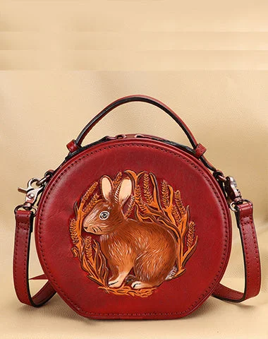 Women's handbags eco-chic -Cutest Womens Red Leather Round Handbag Bunny Crossbody Purse Vintage Round Shoulder Bags for Women