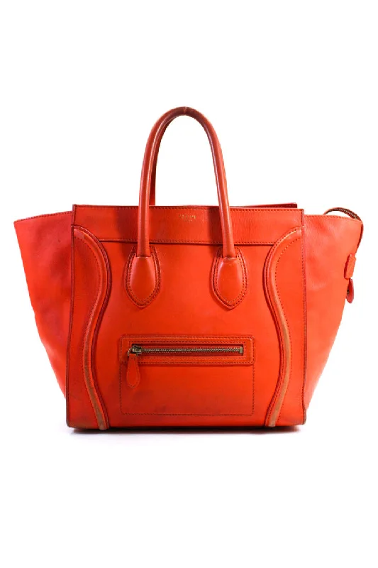 Women's tote bag easy organization -Celine Womens Winged Zip Top Mini Luggage Tote Handbag Red Orange Leather