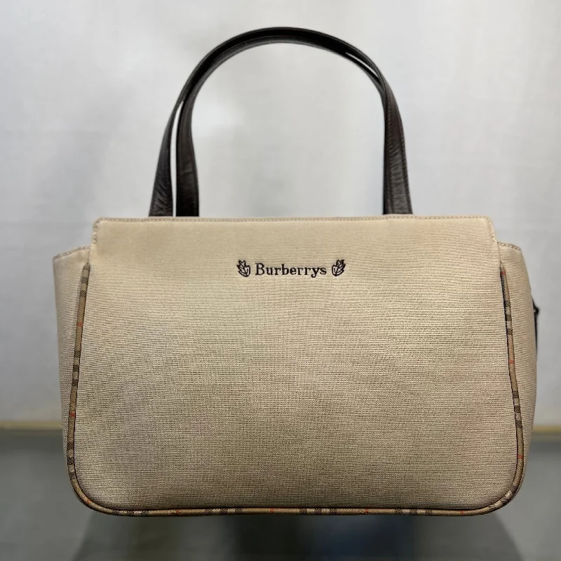 Women's tote bag tough build -BURBERRYs Beige Canvas Haymarket Check Brown Leather Trim Tote Bag