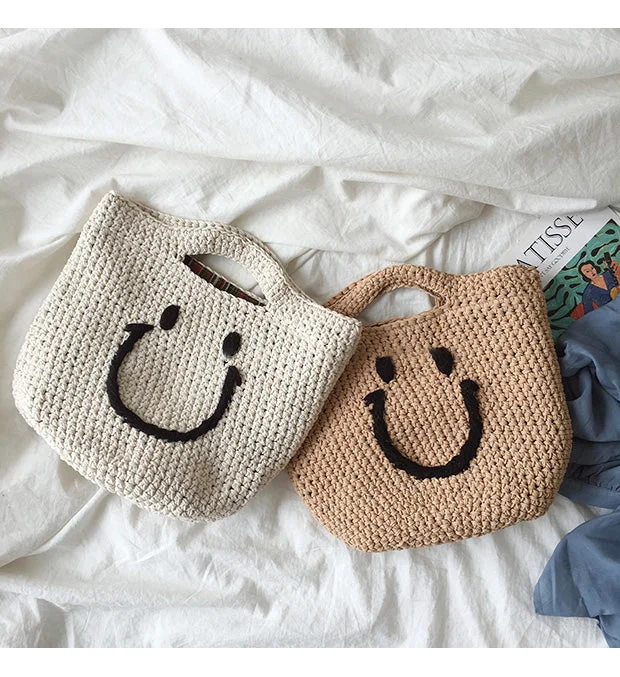 Women's handbags modern -Elena Handbags Cotton Knitted Smiley Face Bag