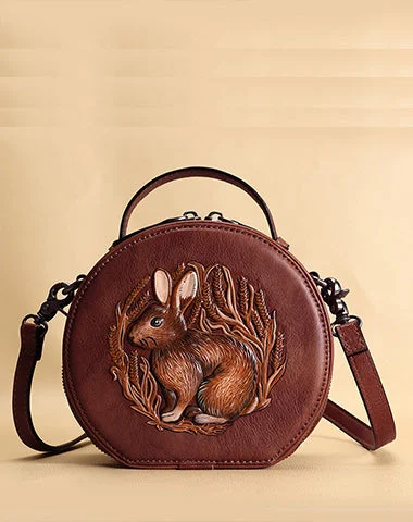 Women's handbags oversized-bold -Cutest Womens Coffee Leather Round Handbag Bunny Crossbody Purse Vintage Round Shoulder Bags for Women