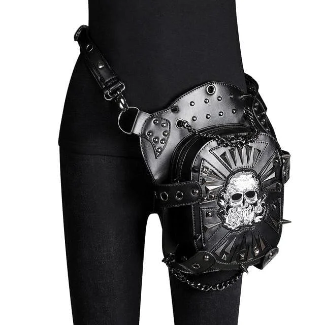 Women's bucket bags affordable-chic -Steampunk Leather Retro Skull Rose Rivet Leg Bags