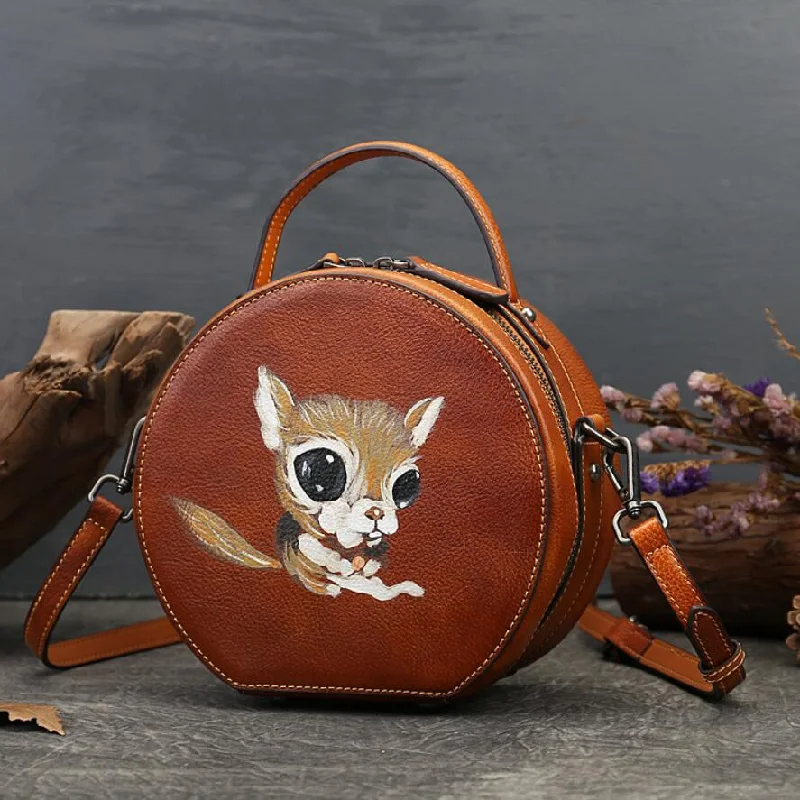 Women's bucket bags elegant-comfort -Ladies Leather Circle Bag With Hand-drawn Squirrel Side Bags For Women