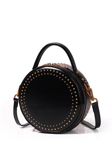 Women's handbags fringed-look -Womens Black Leather Round Handbag with Rivet Crossbody Purse Black Round Shoulder Bag for Women