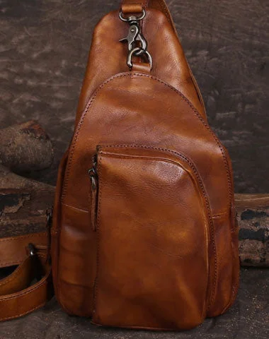 Women's bucket bags solid-color -Cool Leather Mens Chest Bag Sling Bag Vintage Leather Sling Bags for Men