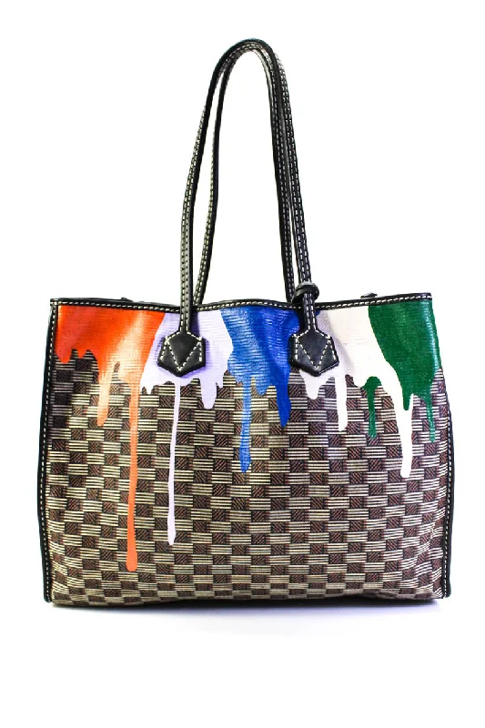 Women's tote bag budget buy -Moreau Womens Vincennes Painted Drip Checkered Canvas Tote Handbag Brown