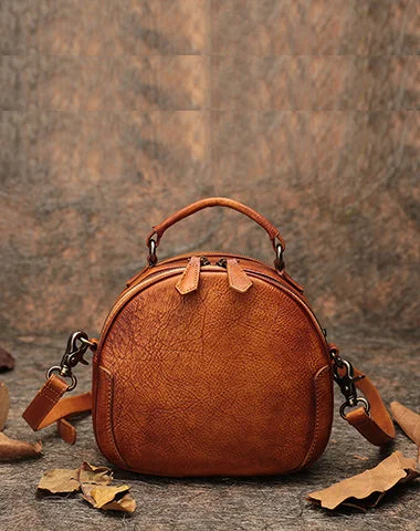 Women's shoulder bag custom stitching -Womens Brown Leather Round Handbag Purses Vintage Handmade Round Shoulder Bag Crossbody Handbag for Women