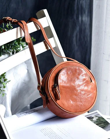 Women's shoulder bag pro bundle -Womens Brown Leather Round Crossbody Bag Handmade Round Small Shoulder Bag for Women