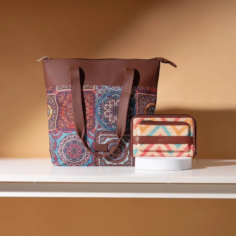 Women's tote bag top labels -Multicolor Mandala Print & WavBeach - Everyday Tote Bag & Classic Zipper Wallet Combo