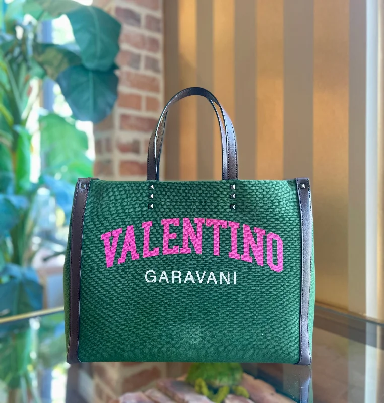 Women's tote bag water-resistant fabric -VALENTINO Green Canvas Garavani Stud Tote