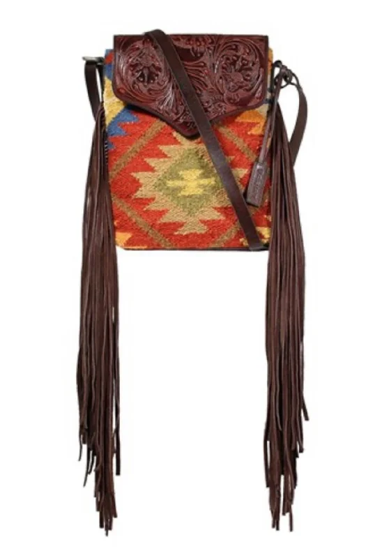 Women's crossbody bags urban -Ariat Brynlee Rust Aztec Blanket with Floral Tooled Leather & Fringe Crossbody Bag