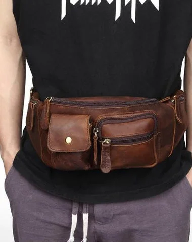 Women's bucket bags discount-deal -Cool Brown LEATHER MENS FANNY PACK BUMBAG Vintage WAIST BAGS FOR MEN