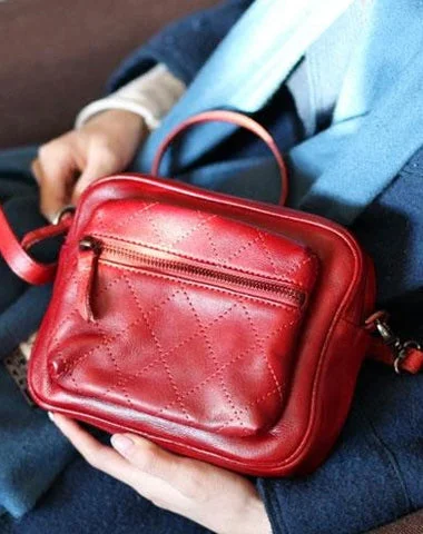 Women's shoulder bag performance apparel -Vintage Womens Leather Red MIni Satchel Shoulder Bag Leather Square Crossbody Bag Purse