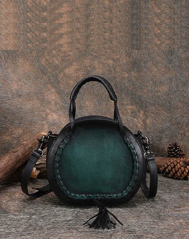 Women's shoulder bag mini option -Womens Green Leather Round Handbag Purses with Tassels Vintage Handmade Round Shoulder Bag Crossbody Handbag for Women