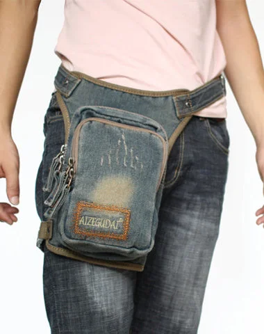 Women's bucket bags vibrant -Mens Denim Thigh Bag Fanny Pack for Men Drop Leg Bag Blue Denim Bum Bag Waist Bags