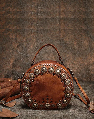 Women's shoulder bag top labels -Handmade Womens Brown Leather Round Handbag Purses Rivet Round Shoulder Bag Crossbody Handbag for Women