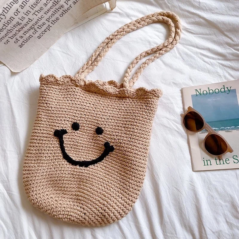 Women's shoulder bag lightweight sale -Elena Handbags Cotton Knit Smiley Face Shoulder Bag