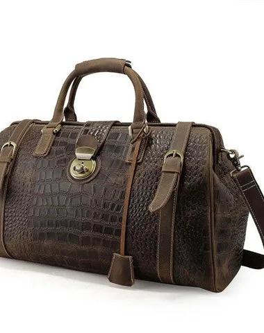 Women's bucket bags budget -Cool Dark Brown Leather Men Alligator Pattern Doctor Bag Travel Bags Weekender Bags For Men