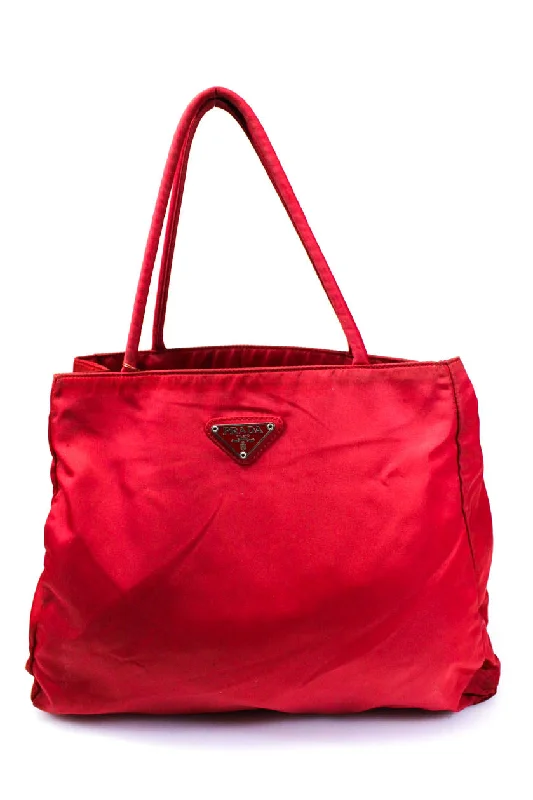 Women's tote bag custom lettering -Prada Nylon Double Handle Trapezoid Slouch Medium Tessuto City Tote Handbag Red