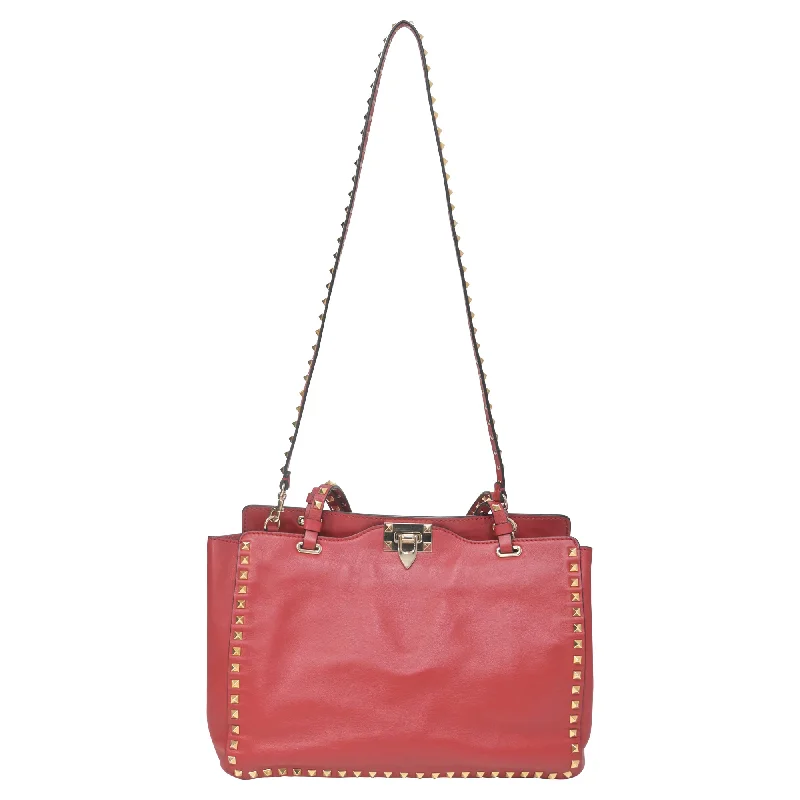 Women's tote bag fashion kit -Valentino Rockstud Medium Tote in Red Leather