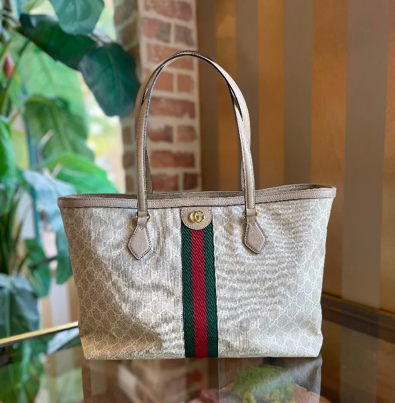 Women's tote bag comfortable carry -GUCCI Beige/White GG Ophidia Medium Tote