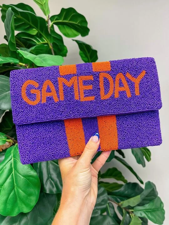 Women's crossbody bags chain-detail -'Game Day' Beaded Clutch & Convertible Crossbody - Purple & Orange