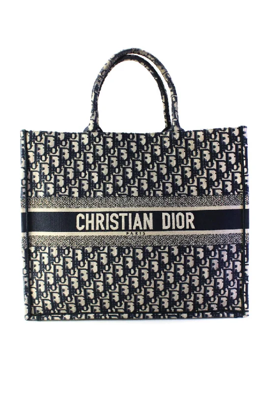 Women's tote bag perfect fit -Christian Dior Womens Dark Blue Beige Printed Canvas Book Tote Bag Handbag