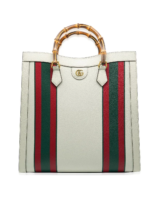 Women's tote bag budget collection -Gucci White Textured Dollar Calfskin Web Large Diana Tote