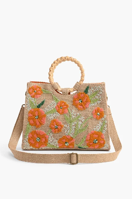 Women's handbags vintage -Floral Beaded Jute Handbag