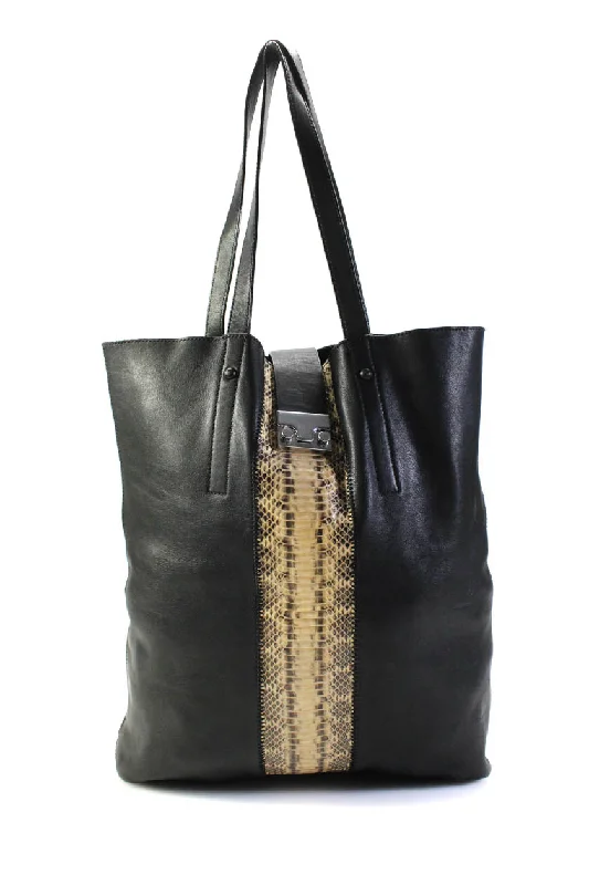 Women's tote bag stain-resistant tech -Loeffler Randall Snakeskin Trim Leather Tote Handbag With Envelope Wallet Black