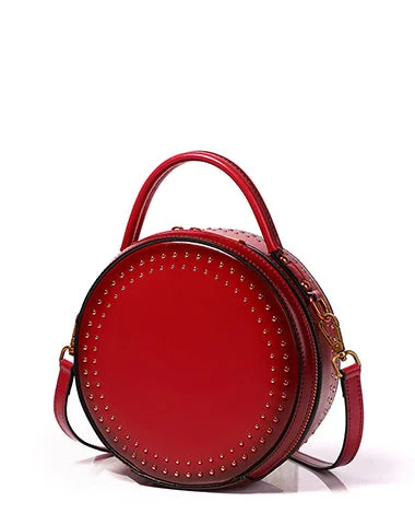 Women's handbags patterned-style -Womens Red Leather Round Handbag with Rivet Crossbody Purse Red Round Shoulder Bag for Women