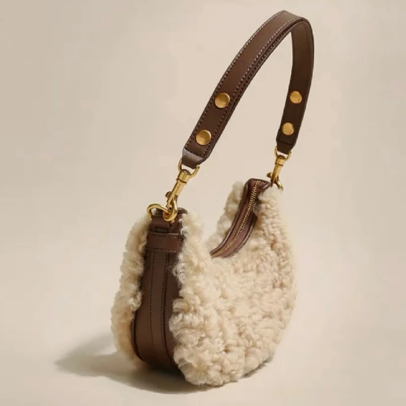 Women's shoulder bag mini option -Womens Fluffy Lamb Wool Shoulder Bags Warm Fur Small Handbags For Women