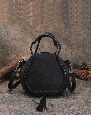 Women's shoulder bag spacious interior -Womens Black Leather Round Handbag Purses with Tassels Vintage Handmade Round Shoulder Bag Crossbody Handbag for Women