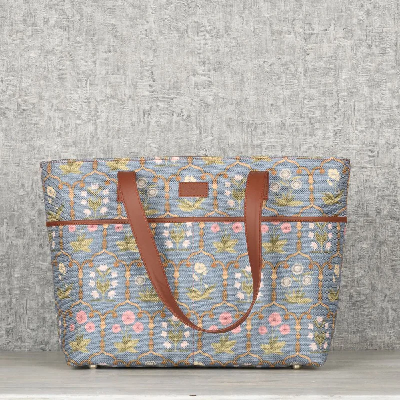 Women's tote bag plush interior -Jaipur Fresco Blue Tote Bag