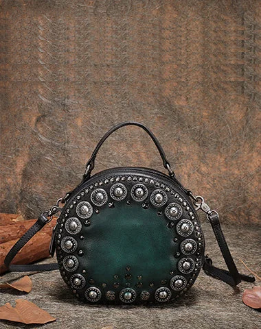 Women's shoulder bag oversized option -Handmade Womens Green Leather Round Handbag Purses Rivet Round Shoulder Bag Crossbody Handbag for Women